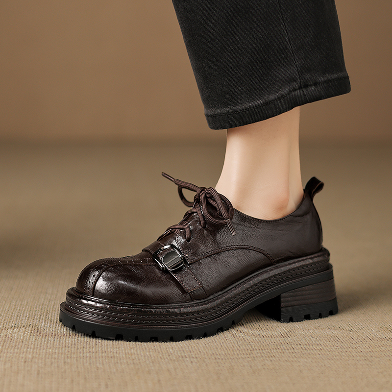 Women's Handmade Full-Grain Sheepskin Platform Oxfords, Chunky Heel Lace-Up Buckle Brogue Shoes foto 4