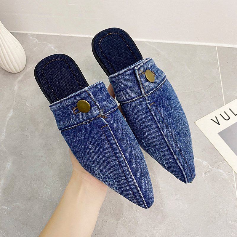European And American Washed Denim Flat Closed Toe Slippers Women foto 4