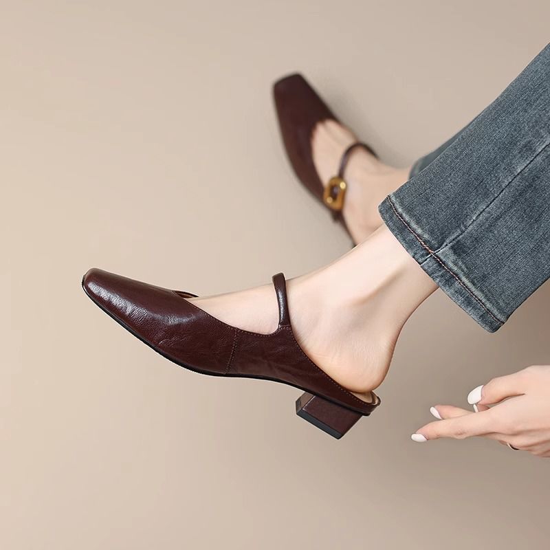 Women's Retro Square-Toe Chunky-Heel Closed-Toe Half Slippers foto 4