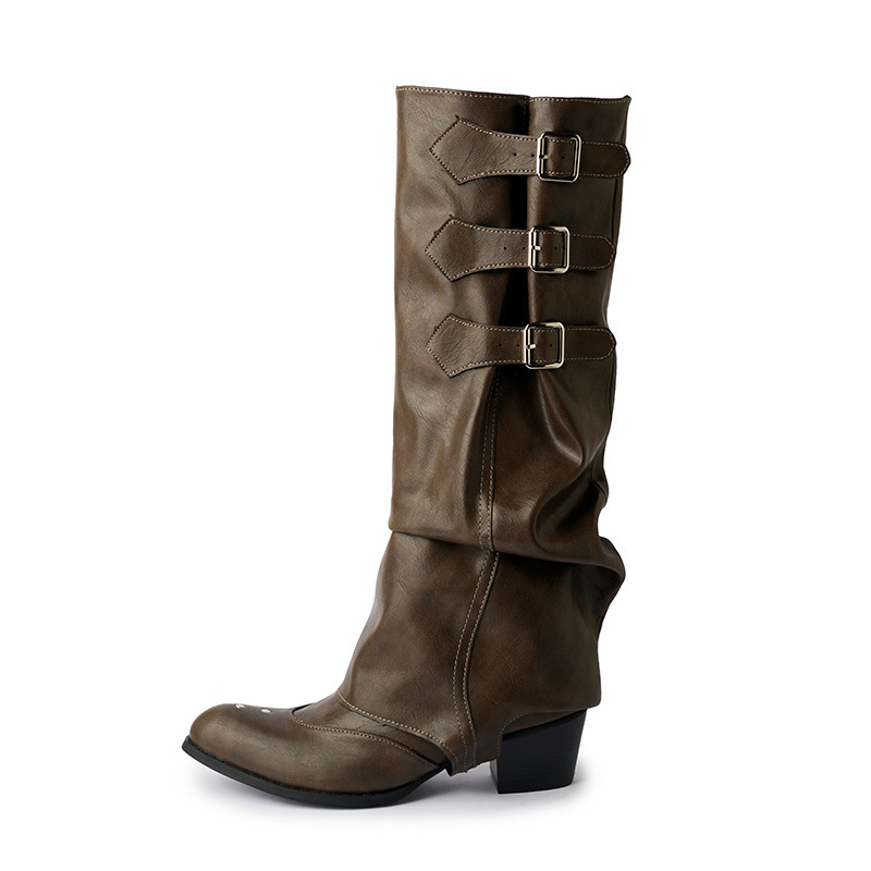Spice Girl-style Boot-cut Boots Distressed Vintage Stacked Boots With Studs foto 2