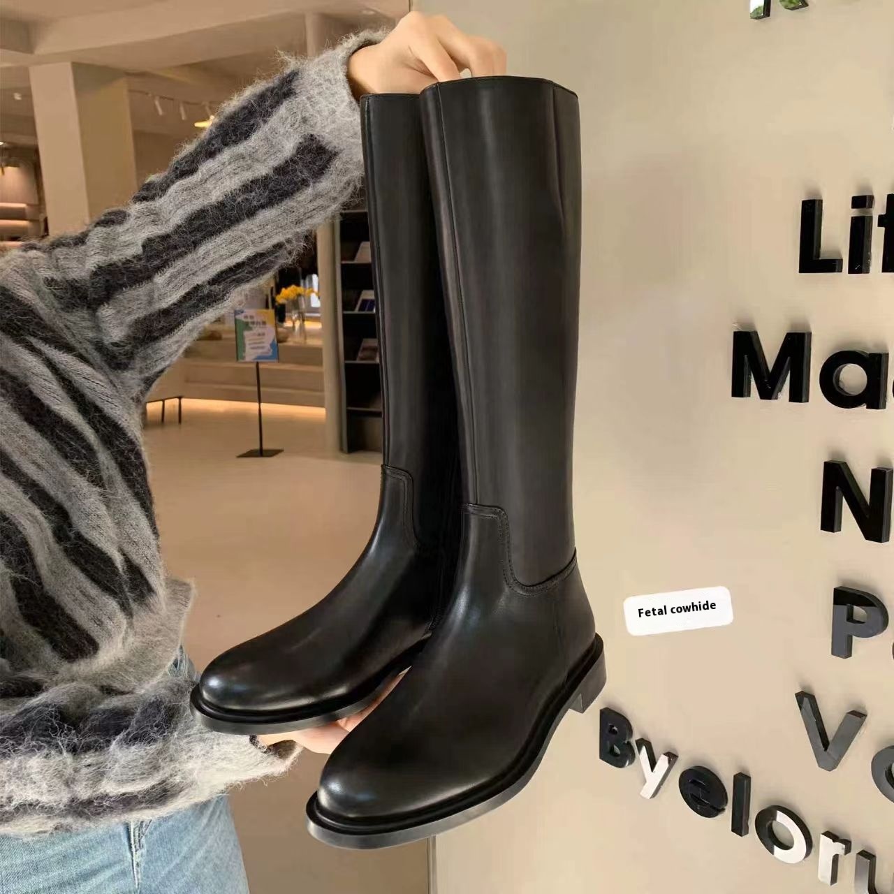 Round Toe Side Zipper Fleece-lined Long Biker Boots Women's Autumn And Winter foto 2