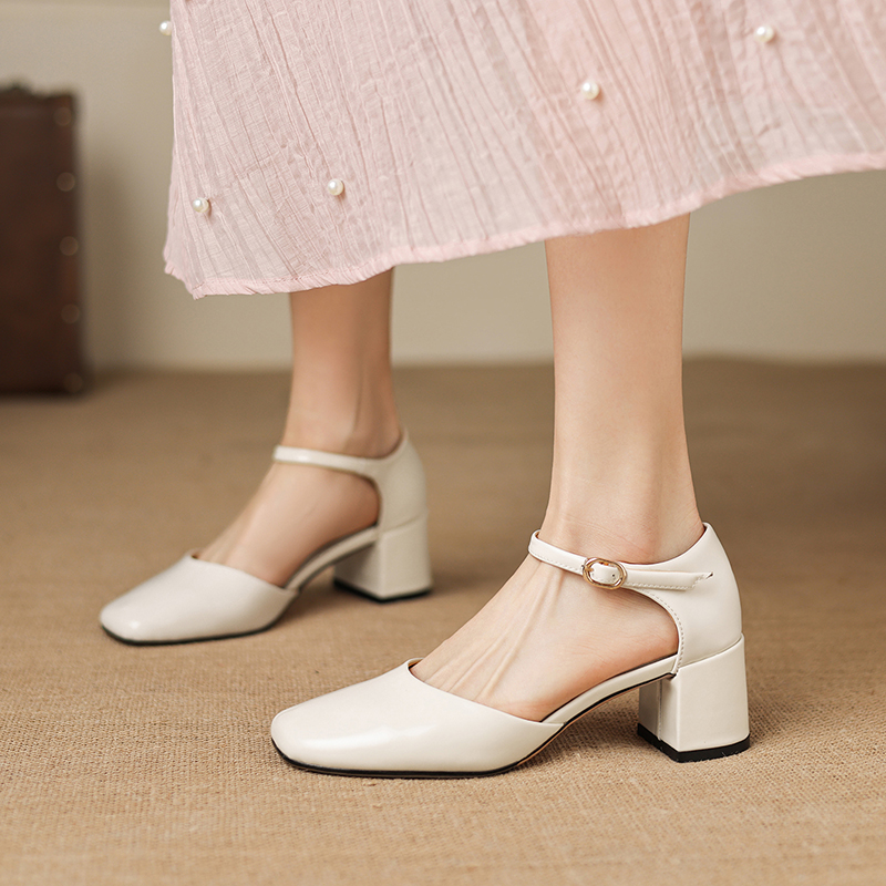 Women's Full-Grain Cowhide Mary Jane Block Heel Sandals, Handmade Leather Square Toe Heels foto 5