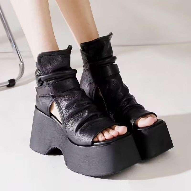 Womens Retro Platform Round-Toe Versatile High-Top Sandals