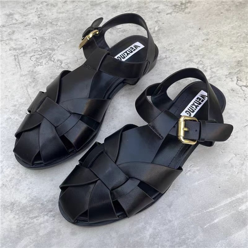 Retro Casual Closed Toe Flat Round-toe Buckle Sandals With Breathable Design And Versatile Back Straps foto 5