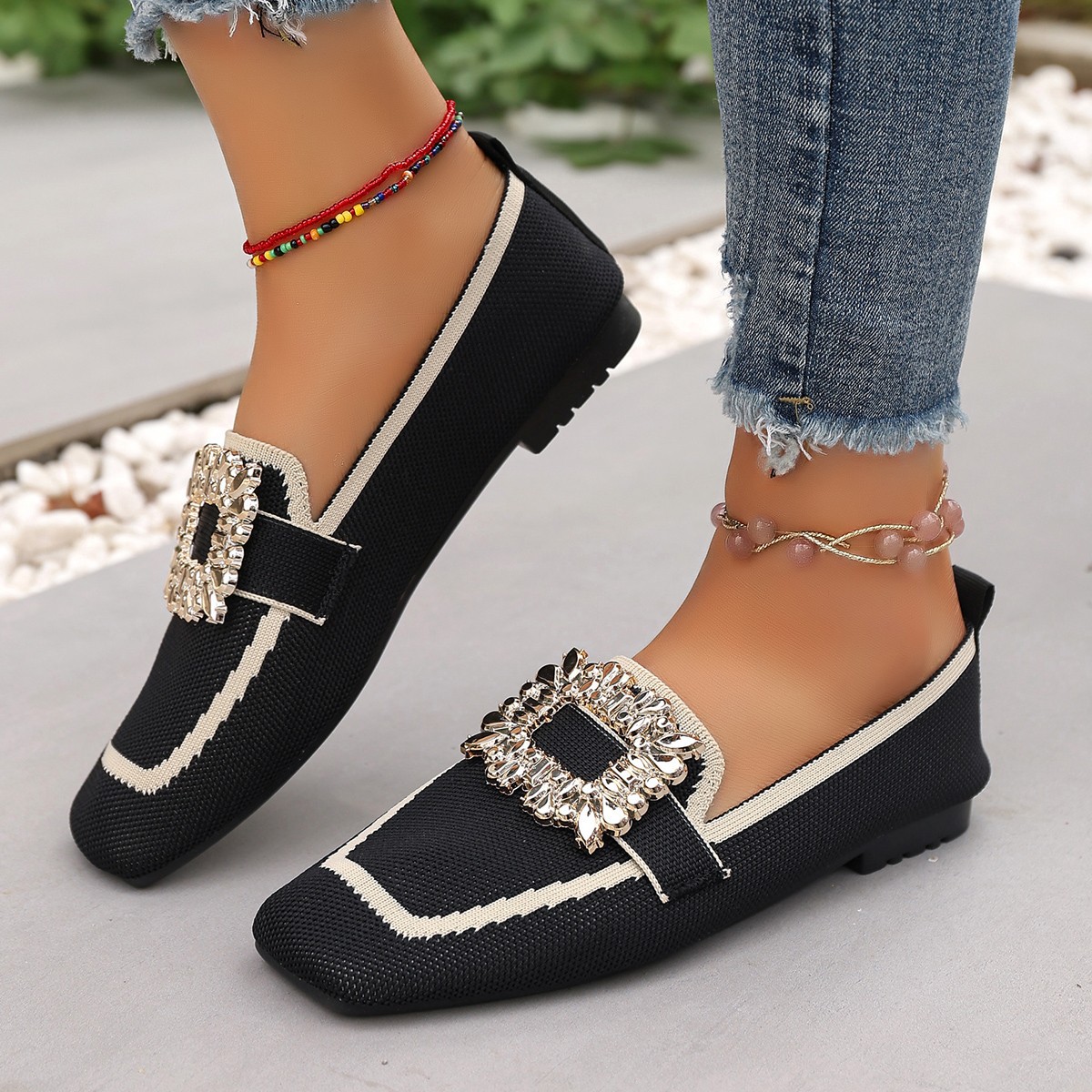 Flyknit Slip-on Square Toe Rhinestone Breathable Plus Size Women's Flat Shoes foto 4
