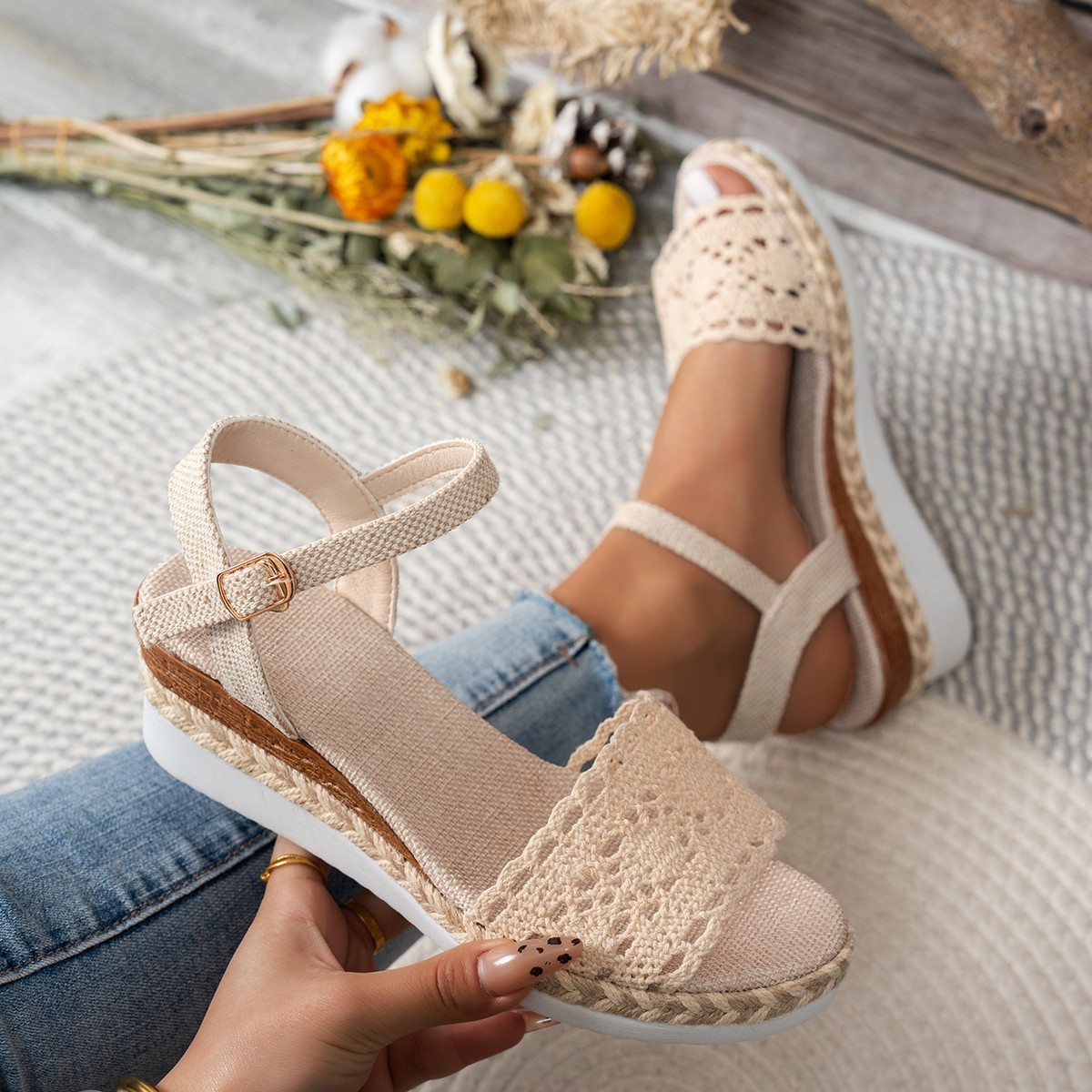 Closed Toe Back Empty Hollow-out Wedge Thick Bottom With Plus Size Casual Breathable All-match Roman Style foto 3