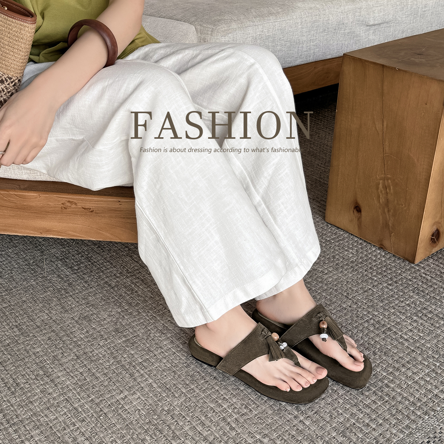 Women's Handmade Suede Beaded Tassel Thong Sandals, Open-Toe Bohemian Flat Slides With Sheepskin Lining foto 3