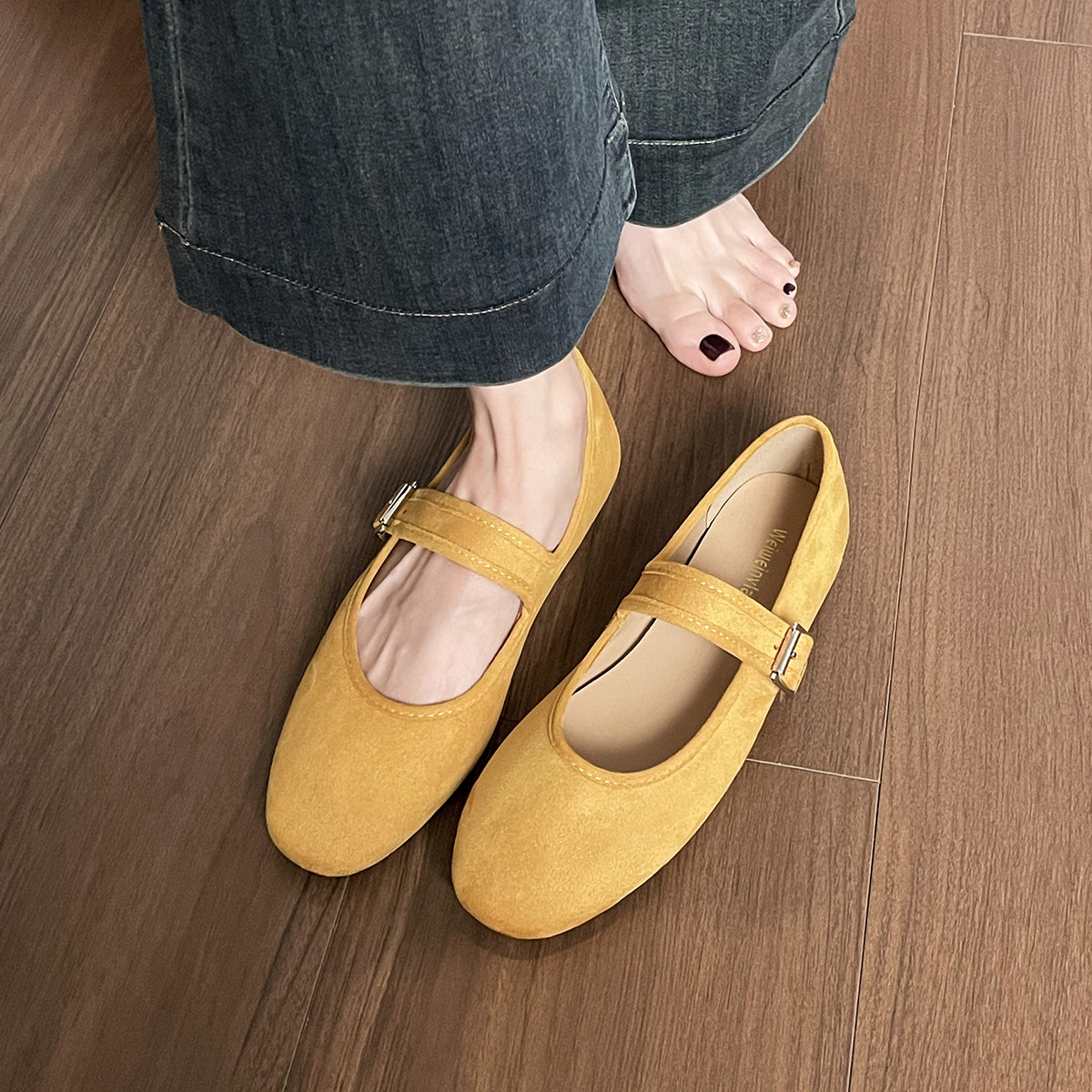 Womens Soft-soled Ballet-style Round-toe Suede French Flat Shoes foto 4