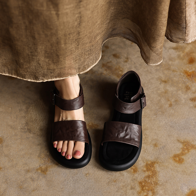 Women's Washed Full Grain Leather Platform Sandals, Two Strap Buckle Flat Shoes foto 4