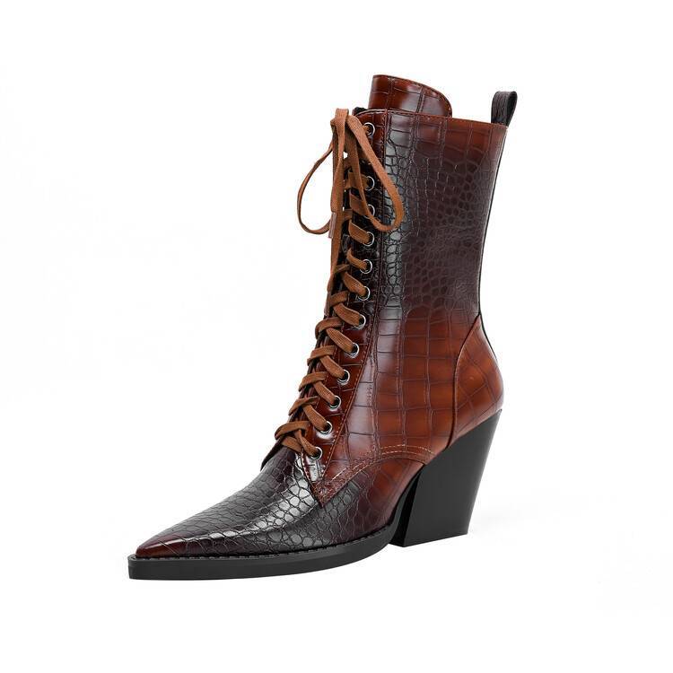 Retro Pointed Stone Pattern Chunky Heel Simple Lace High Heels Fashion Boots foto 4