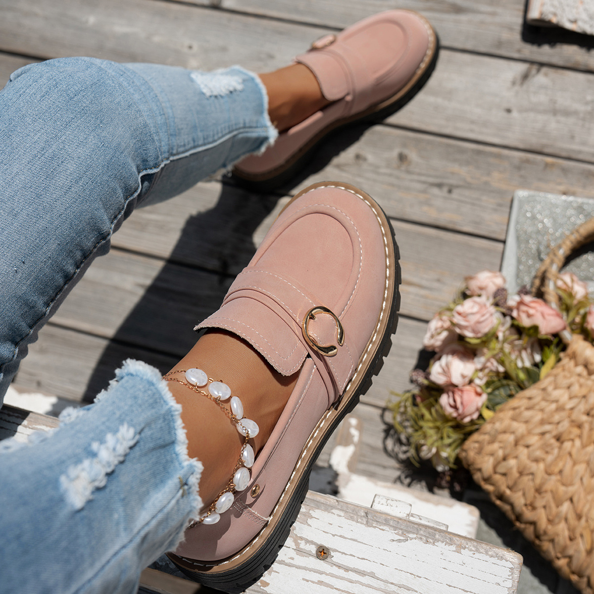 Buckle Thick Bottom Low Cut Round Head Pumps foto 3