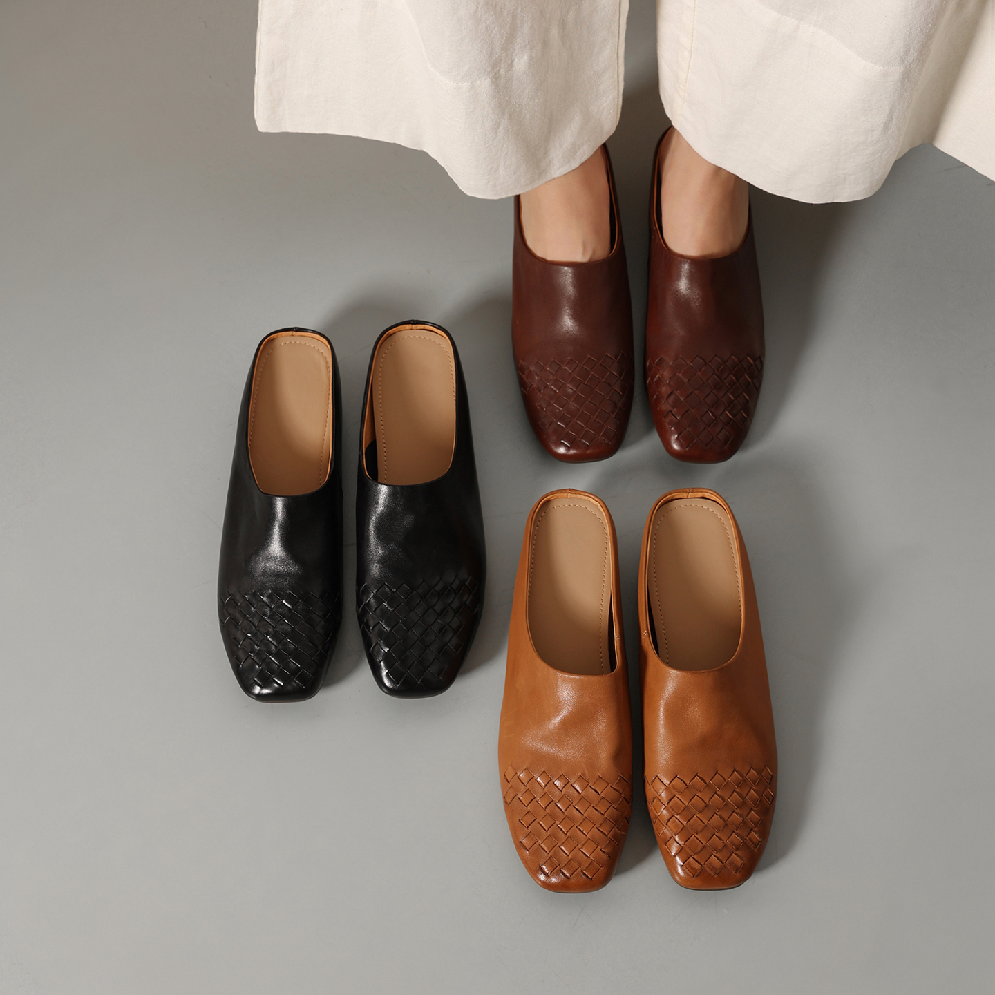 Women's Hand-Woven Washed Full Grain Leather Mules, Square Toe Slip-On Backless Loafers foto 5