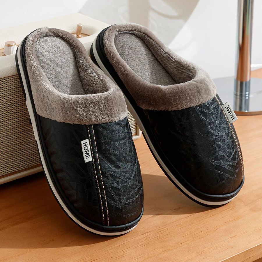 PU Leather Big Sizes Slippers Indoor Waterproof Fur Flat foto 2