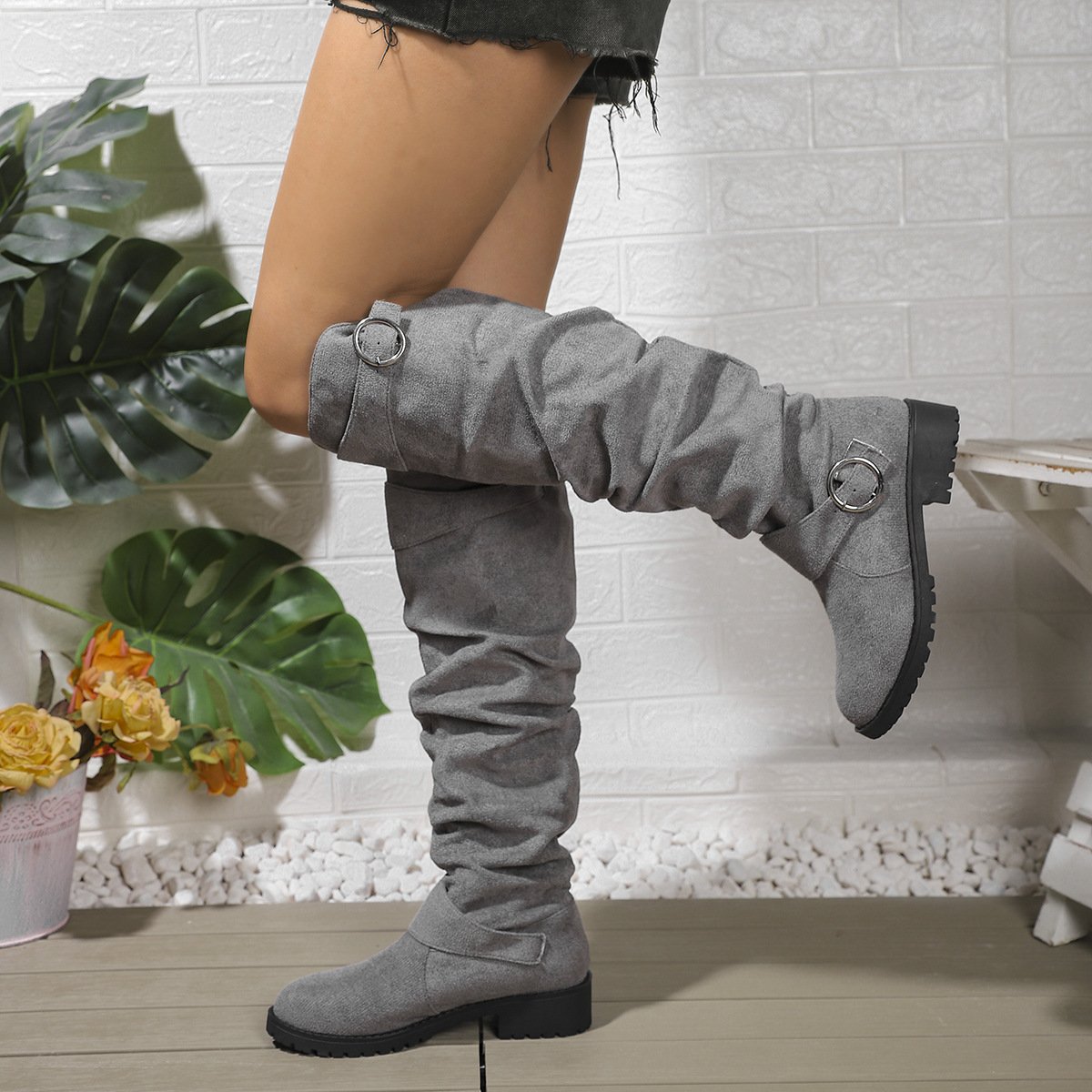 Winter Pleated Buckle High-top Large Size Riding Boots foto 3