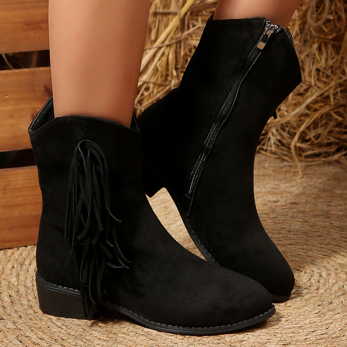 Suede Vintage Autumn Chunky Heeled Ankle Boots foto 3
