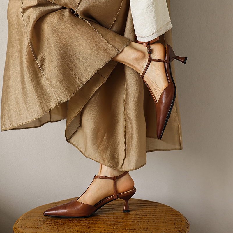 Women's Handmade Washed Full-Grain Lambskin T-Strap Slingback Heels, Vintage Pointed Toe Kitten Heel Sandals foto 2