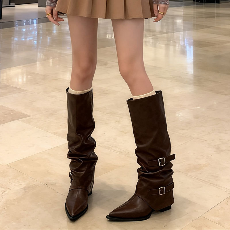 Women's Niche-design Leather-buckle High-rise Riding Boots foto 3