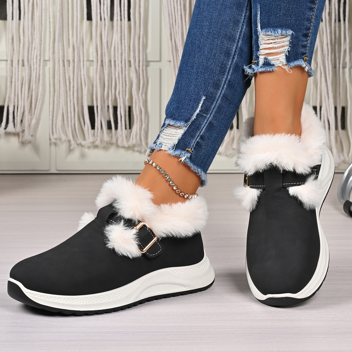 Winter Women's Fashion All-match Slip-on Thick Bottom Fluffy Cotton Shoes foto 2