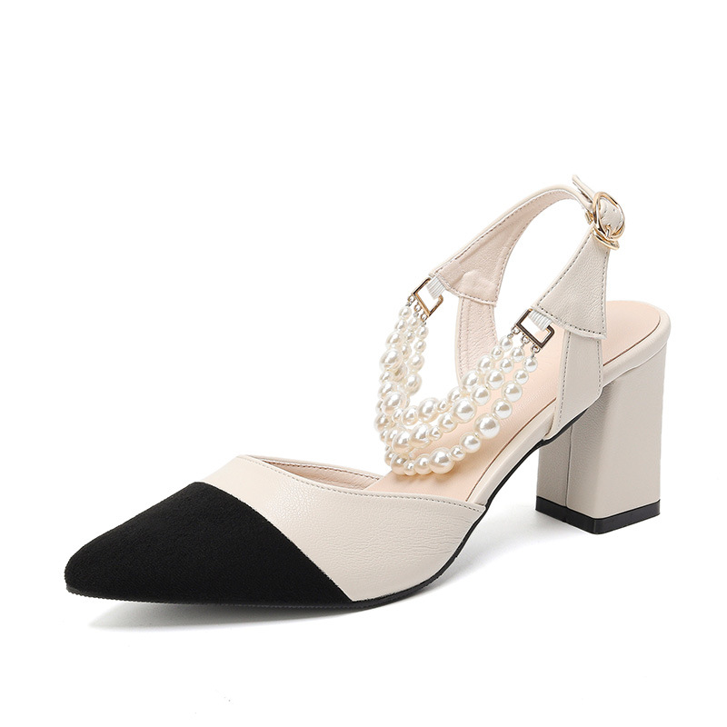 Pointed Toe Chunky Heel High Heels Plus Size Buckle Pearl Sandals foto 5