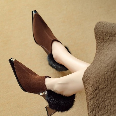 Womens Retro Chic Versatile Metal Pointed-Toe Slimming Cotton Shoes With Zipper And High Heel foto 3