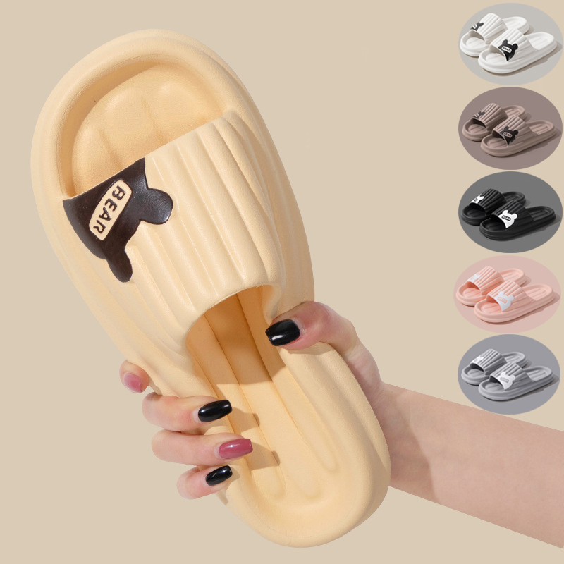 Bear Slippers For Women Summer Indoor Solid Color Striped Thick-Soled Anti-Slip Home Slippers Couples Floor Bathroom House Shoes foto 4