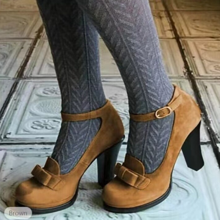 New Womens Suede Peep-toe Pumps With A Bow And A Strap Buckle foto 2