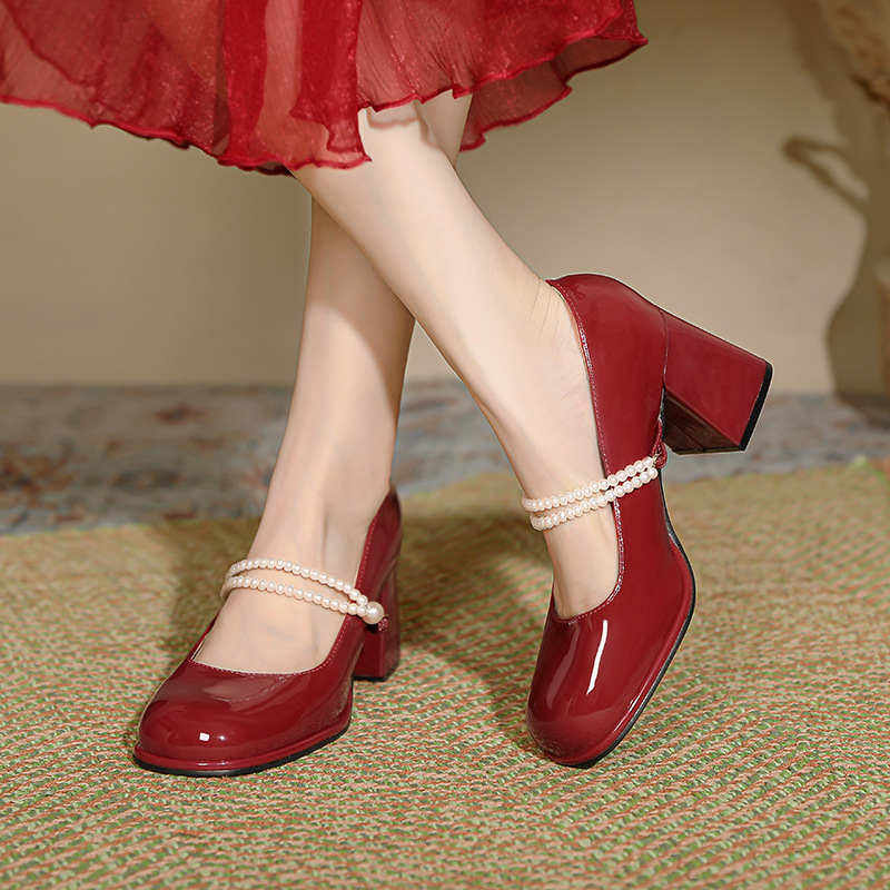 French Mary Jane Small Chunky Heel Fairy Style Pearl Lace-up High foto 2