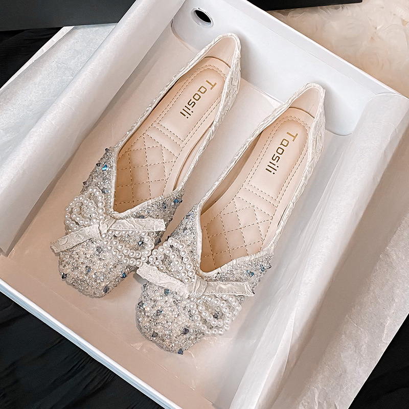 New Square Toe Flats Classic Style Rhinestone Pearl Shoes