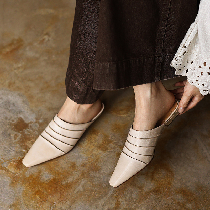 Women's Handmade Full-Grain Sheepskin Ruched Mule Slides, Square-Toe Low-Heel Leather Backless Shoes With Pigskin Lining foto 4