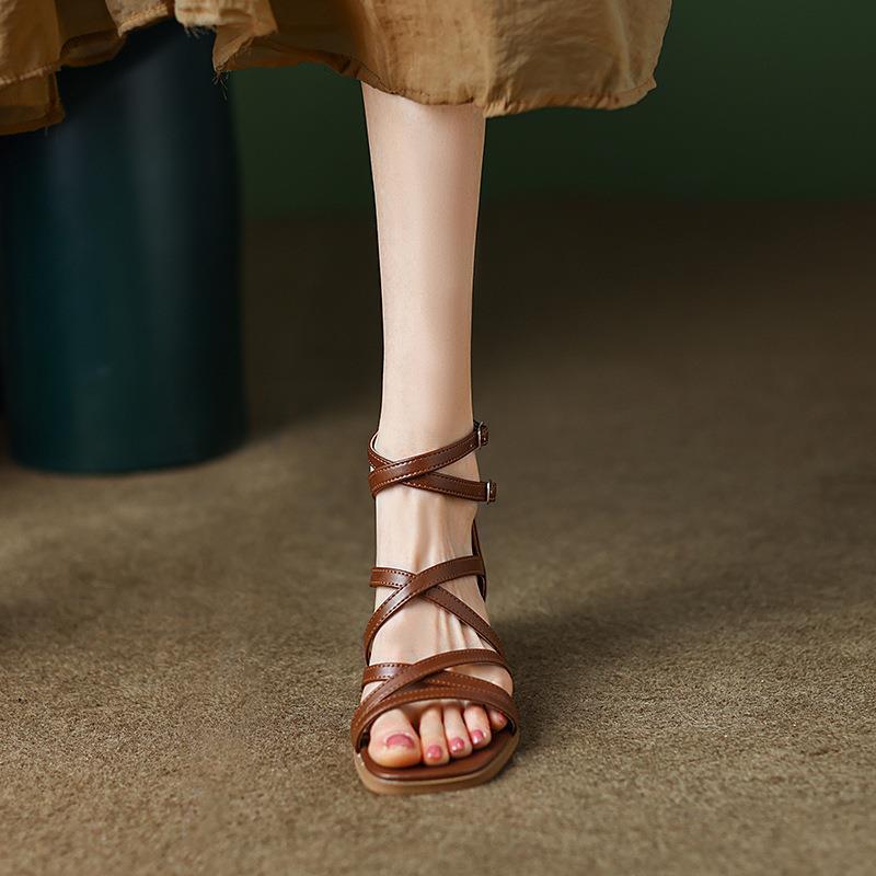 Brown Strappy Heels Vintage Stiletto-Strap Roman Sandals For Women foto 3