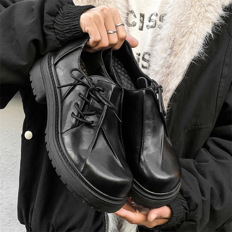 Inner Height Increasing Black Platform Warped Head Leather Shoes foto 2