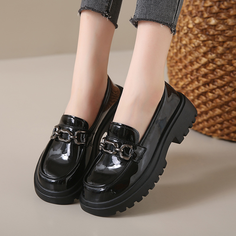 Womens Chunky Soled Slip On All Match British Style Ultra Light Leather Shoes foto 5