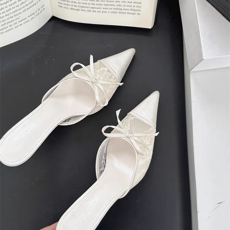 Women's Lace Pointed Toe Bowknot High Heels foto 3
