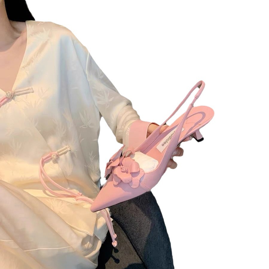 Small Sharp Point Low-cut Hollow Flower High Heels For Women