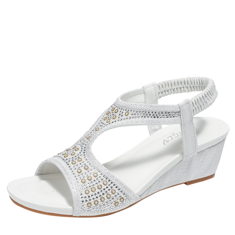 Fashionable Women's Sandals New Mid Heel Elastic Rhinestone Wedge Sandals foto 5