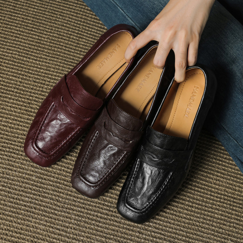 Womens Solid-Color Mid-Heel Retro Commuter Leather Square-Toe Pumps
