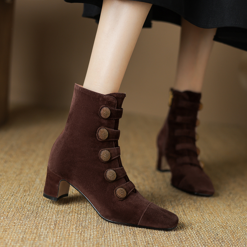 Retro High-heeled Ankle Boots For Women New Autumn Style Suede Round Toe Side Zipper Chunky Heel foto 2