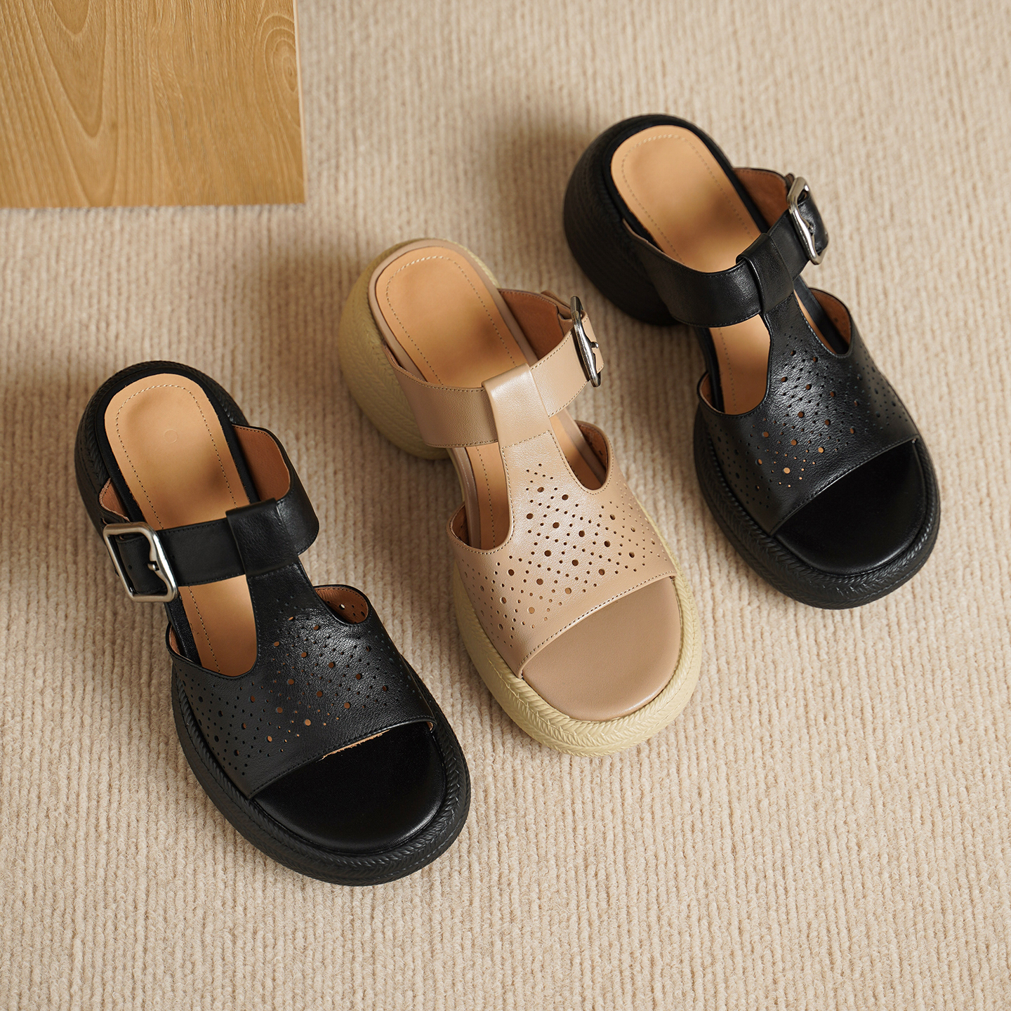 Premium Handmade Washed Leather Perforated Mule Sandals, Women's Chunky Platform T-Strap Slides foto 2