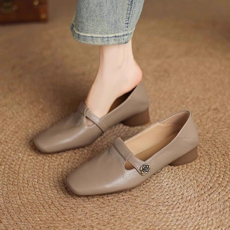 Retro Square Head Genuine Leather Shallow Mouth Shoes Women foto 2