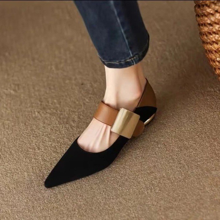 Womens Metallic Buckle Colorblock Shallow-Heel Chunky Heel Pumps foto 2