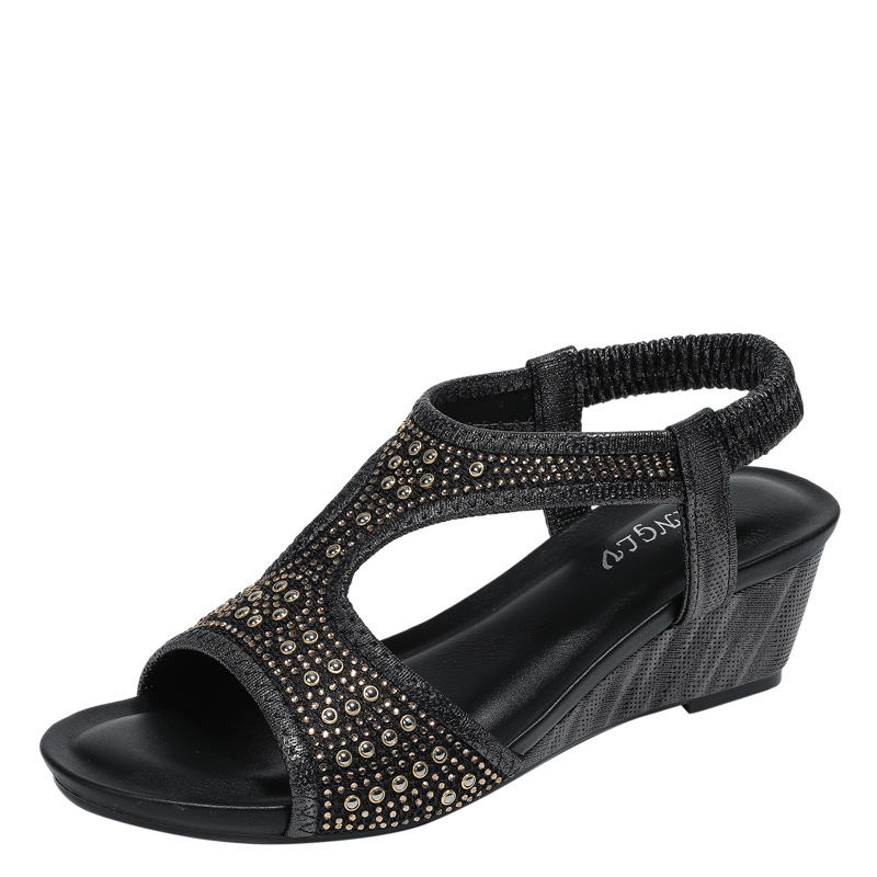 Fashionable Women's Sandals New Mid Heel Elastic Rhinestone Wedge Sandals