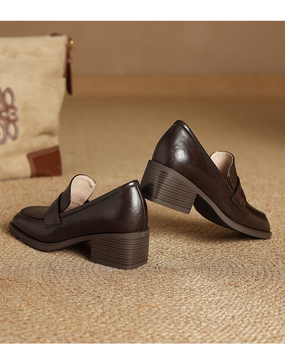 Womens Retro Square-Toe Chunky-Heel Deep-Mouth Loafers