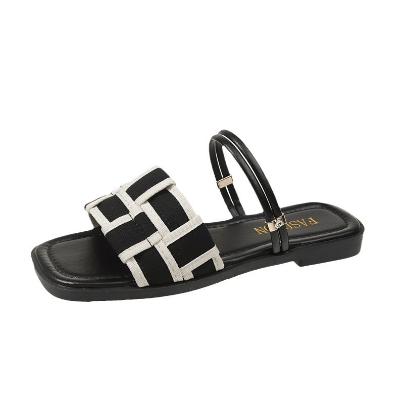 Square Toe Sandals Women's Canvas Check Pattern Flat Sandals foto 3