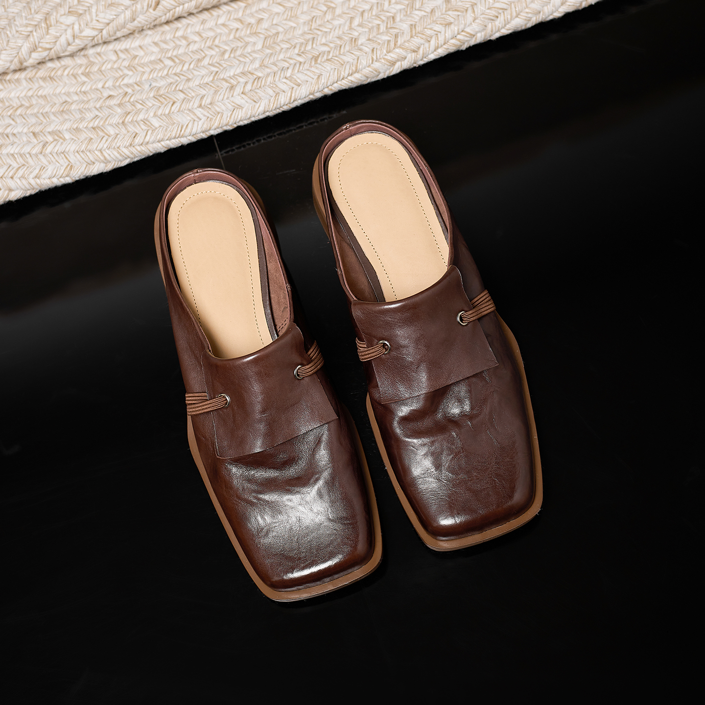 Women's Full-Grain Calfskin Square Toe Mules, Handmade Leather Slip-On Low Heel Slides