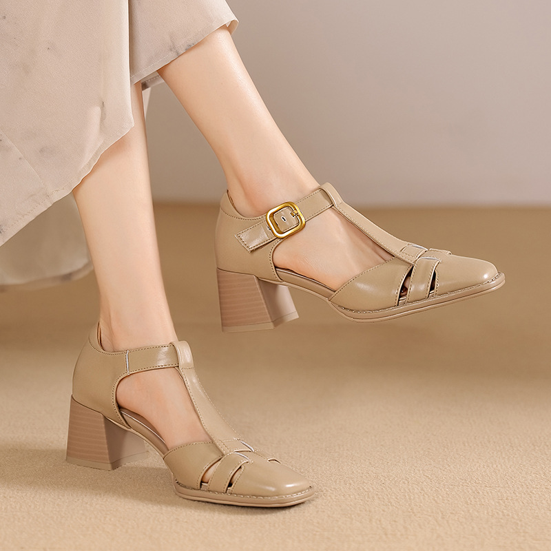 Chunky-heeled High Heel Genuine LeatherSquare-toe Womens Shoes French Vintage Style foto 2