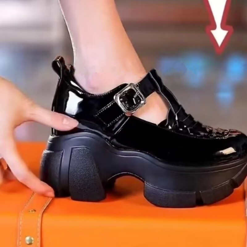 Genuine Leather Outdoor Comfortable Patent Leather Chunky Heel Closed Toe Coros Roman Shoes foto 2