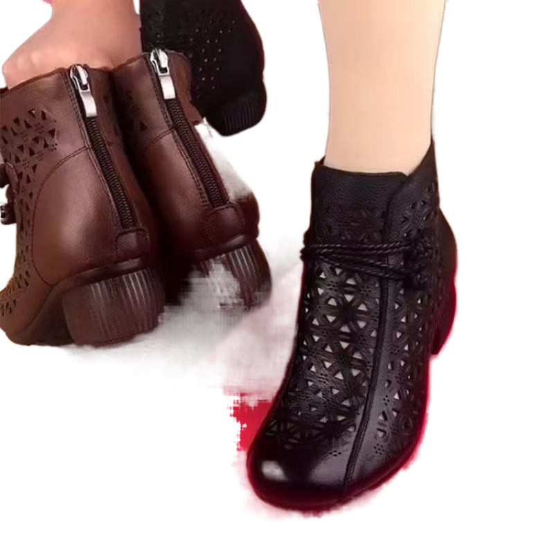 All-match Leather Mid-heel Comfortable Retro Closed Toe Chunky Heel Hollow Sandals foto 5