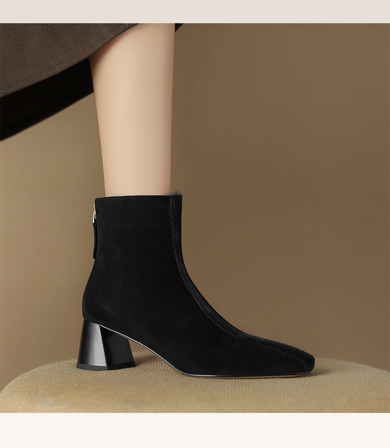 European And American-style Square-toe Chunky-heel Horsehair Short Boots In Winter Sheepskin foto 2