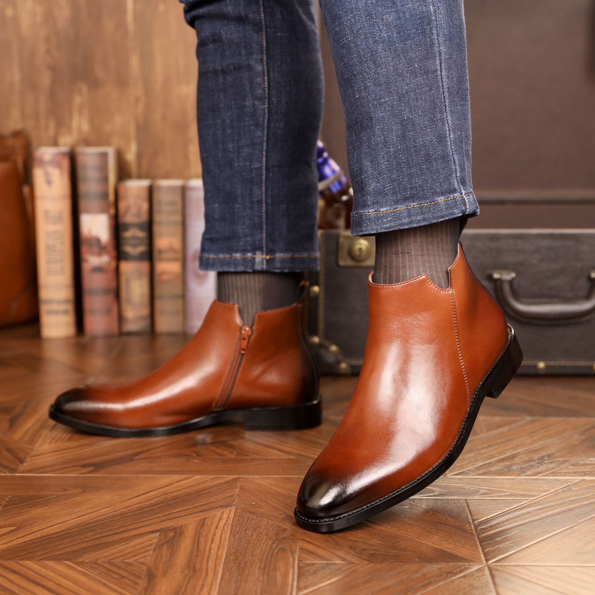 Men's British Style Casual Leather Side Zipper Martin Boots foto 2