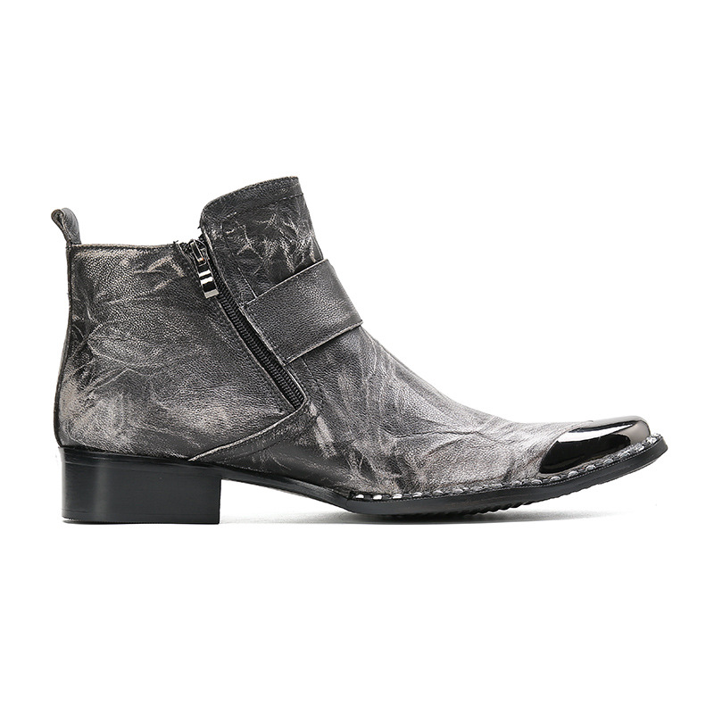 Chunky Heel Cowhide Gray Lace-up Motorcycle Boots Hairstylist Leather Boots foto 2